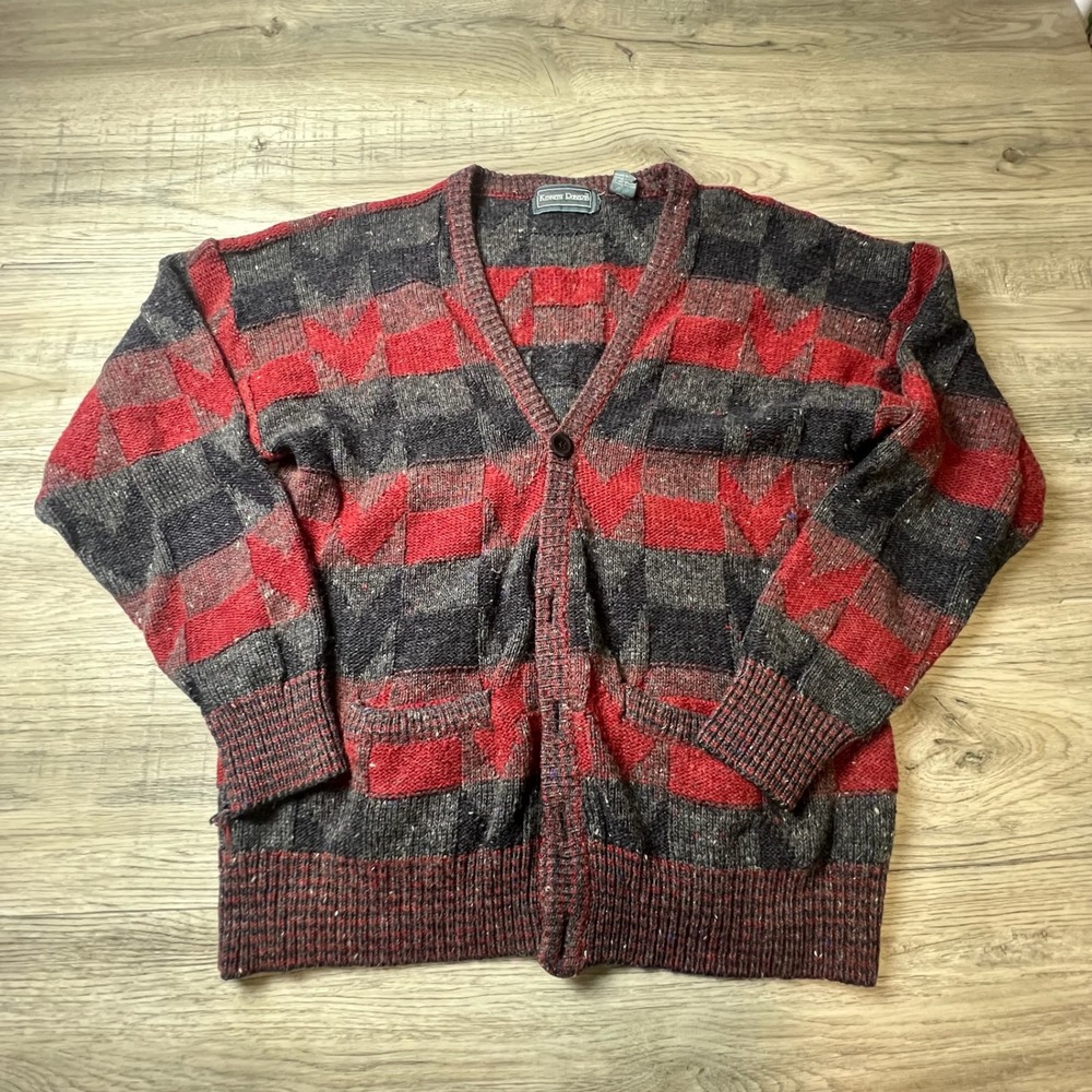 Kenneth Roberts Cardigan Mens L Red Grey‎ Vintage Wool Blend Geometric Sweater